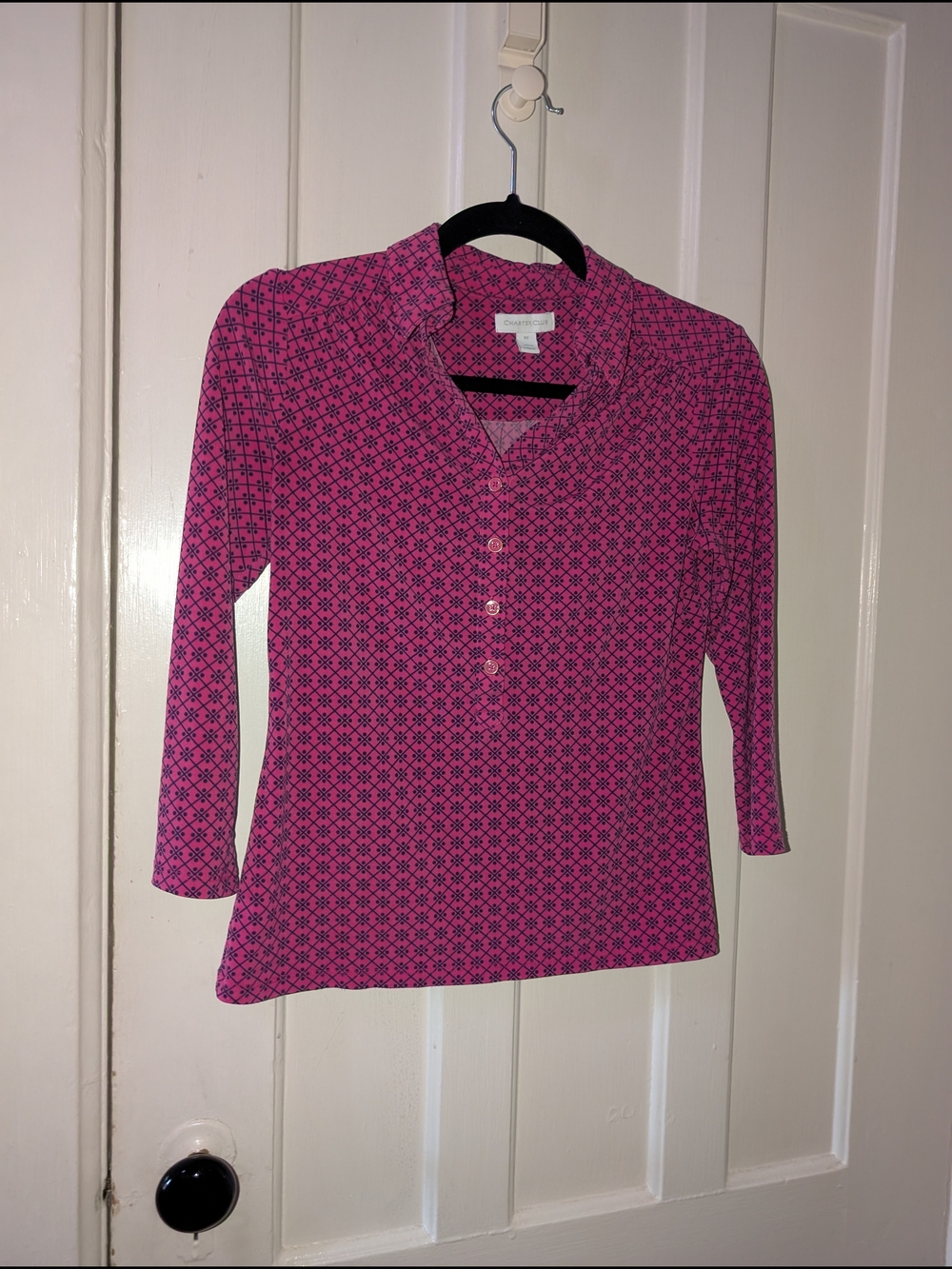 Charter Club Pink Geometric Print 3/4 Sleeve Button Blouse Petite Petite